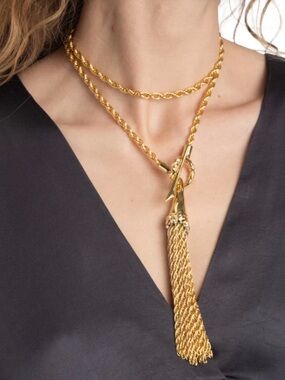 Brut Gold Long Tassel Necklace 14k gold plated Clear CZ JL15